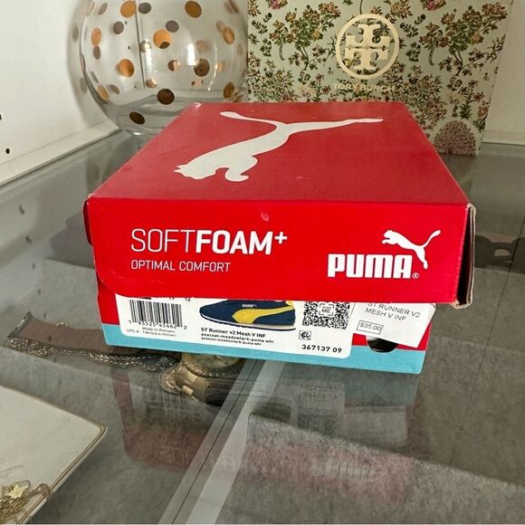 Puma Baby Street Runner V2 Mesh Hook and Loop Navy and Yellow Stripe Sneakers 4 - Picture 9 of 11